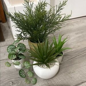 Green Artificial Plant Set in White and Tan Pots